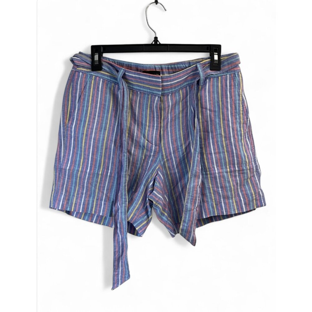 Talbots Petite 4P Blue Striped Shorts With Tie Belt Cotton & Linen Blend - Picture 2 of 12